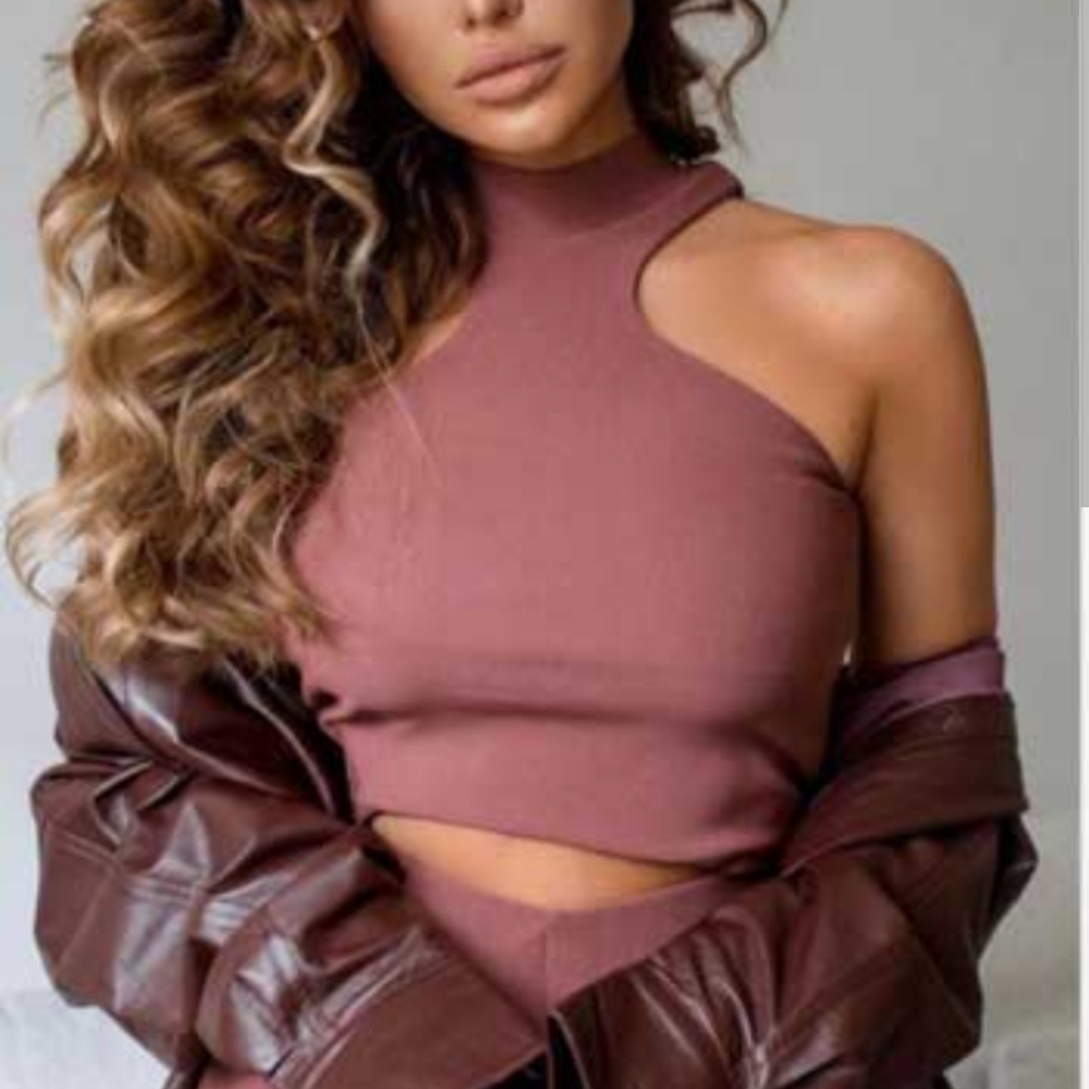 ZARA Ribbed Halter Top Large Brown Cropped